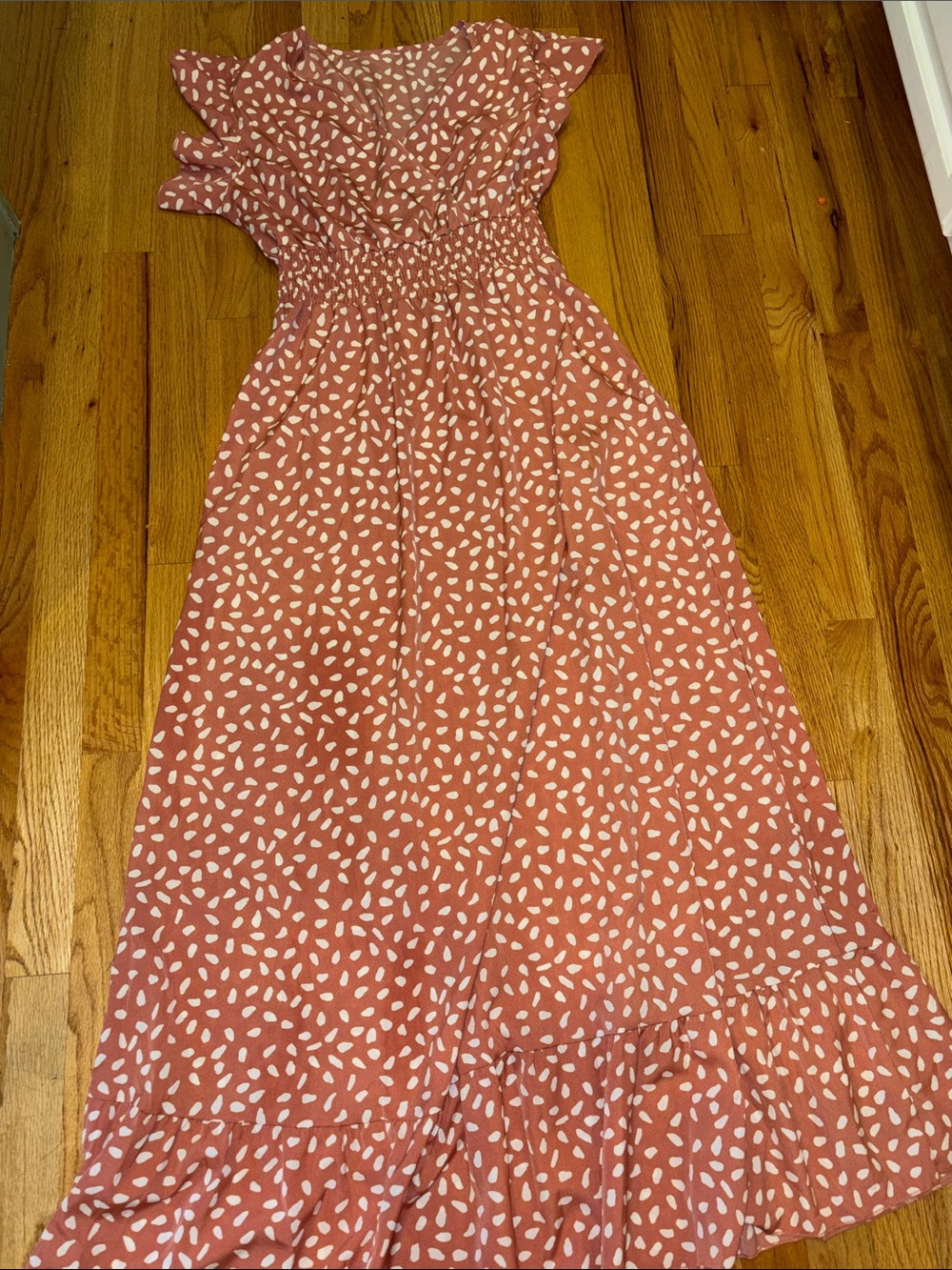 Smocked Waist Dusty Rose Maxi Dress with White Dot Print